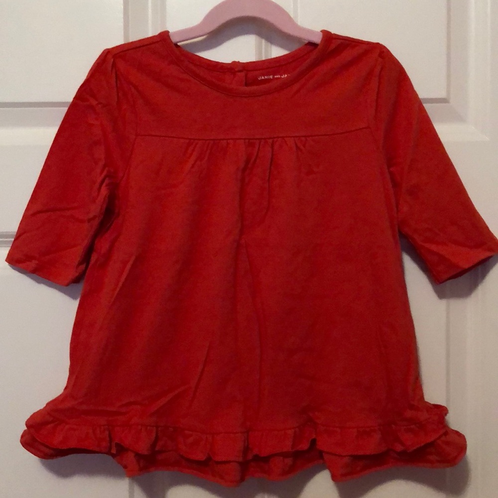 Janie and Jack girls cotton top, 3/4 sleeves, frilled bottom, orange, size 7
